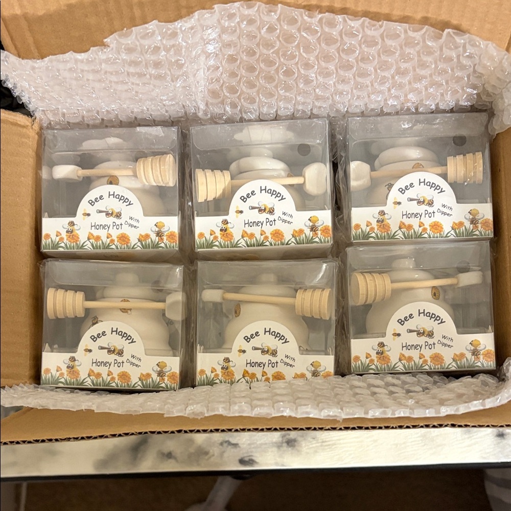 Bee Happy Honey Pot with Dipper - White Ceramic set of 12